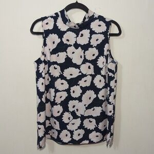 Ann Taylor Factory Floral Sleeveless Blouse Navy White Pink Women's Size Medium